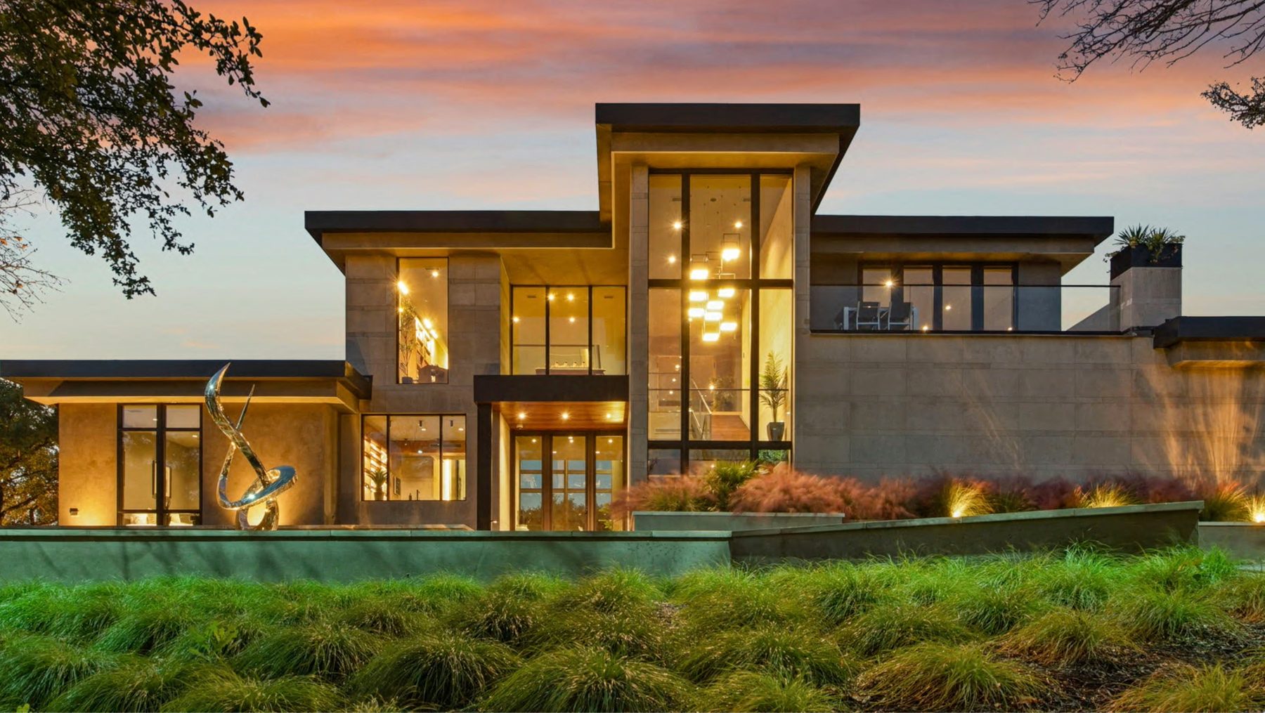 Modern California residence at sunset